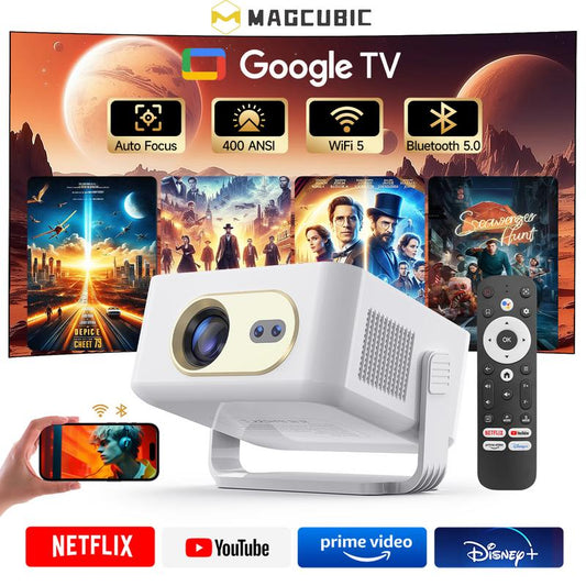 [US Warehouse] Magcubic HY300GT Mini Projector with Google TV OS, Smart Projector with Wifi and Bluetooth, 400 ANSI & 2K Support, Auto Focus & Keystone, 180° Rotatable Portable Movie Proyector for Home Outdoor