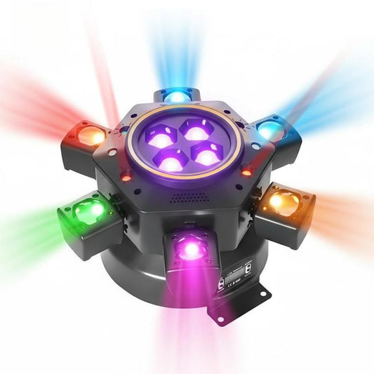 Super 6 in 1 Moving Head DJ Lights RGBW Six Arm Beam Light with Bee Eyes Effect Four LED Strobes DMX 512 Sound Activated Stage Lighting for Party Disco KTV Wedding Club Event Entertainment