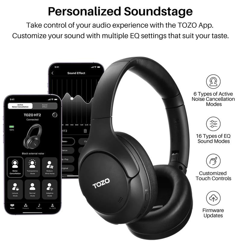 TOZO HT2 Hybrid Active Noise Cancelling Headphones, Wireless over Ear Bluetooth Headphones