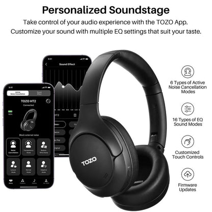 TOZO HT2 Hybrid Active Noise Cancelling Headphones, Wireless over Ear Bluetooth Headphones
